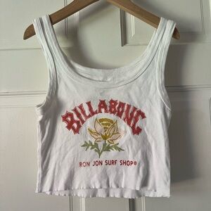 Billabong cropped tank top with Ron john surf shop printed on front of tank euc